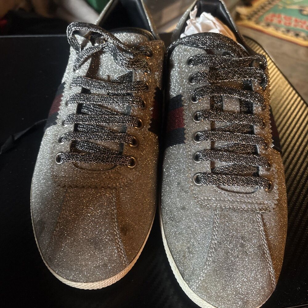 Size 10.5 - Gucci Web Sneaker Glitter Studs With Dust Bag